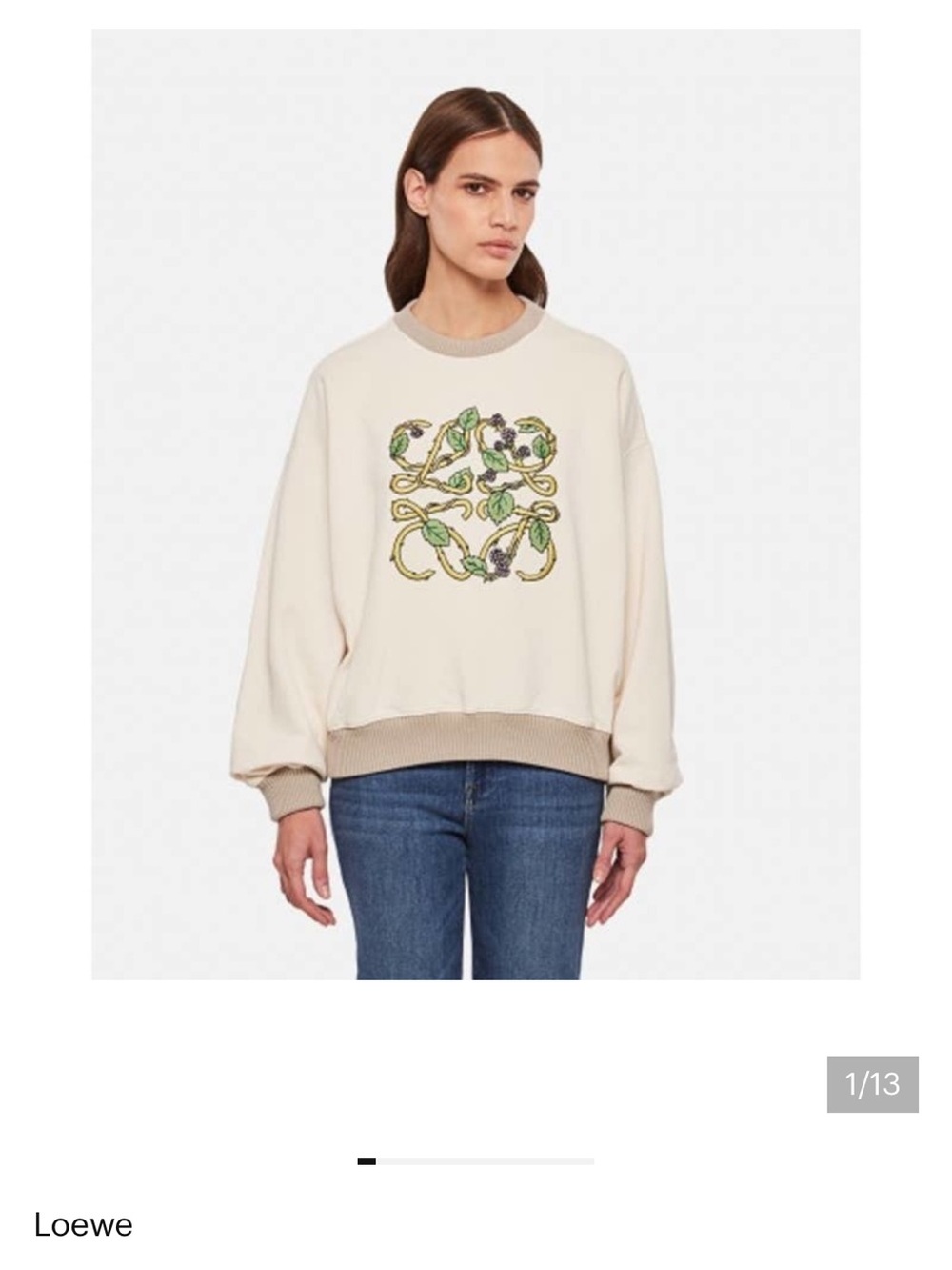 NWOT Authentic Loewe Cream Crewneck Sweatshirt with Green Floral Embroidery